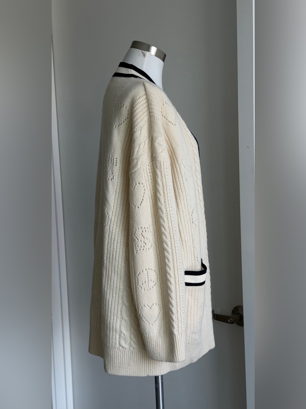 Sandro Erwan Long Cardigan-Coat with Pointelle Knit Size 2 - Picture 7 of 16